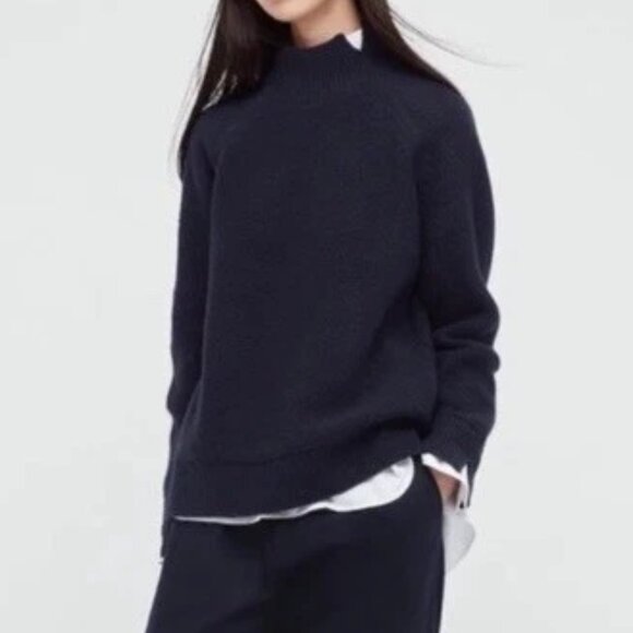 UNIQLO +J X JIL SANDER Sweater 100% Wool Mock Neck Cable Knit Black Womens Med - Picture 2 of 16